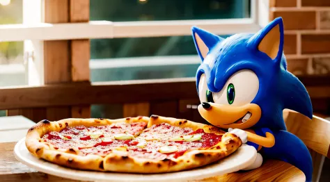 SONIC EATING A PIZZA IN A BEAUTIFUL, LIT AND WELL BUZZY PIZZARIA
