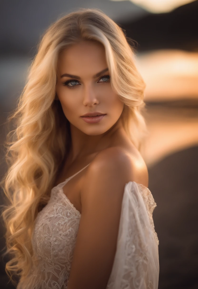 A woman with long blonde hair and a white dress posing for a picture -  SeaArt AI