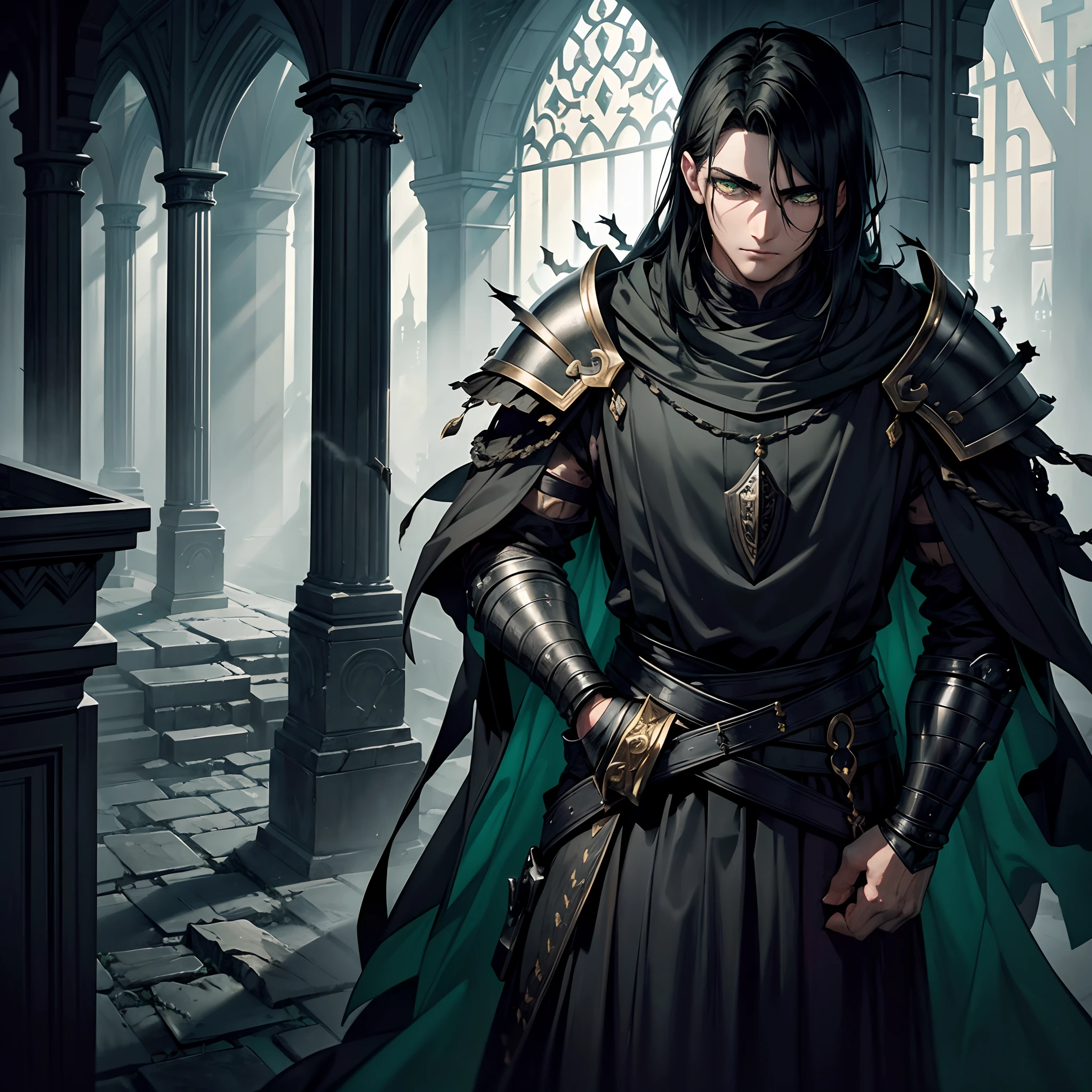 (best quality,ultra-detailed),young man with medium black hair,vibrant green eyes,medieval background,dark and mysterious atmosphere,sharp focus,photorealistic,studio lighting,traditional oil painting,rich textures,worn-out armor and sword,brave expression on face,strong and confident posture,faint candlelight illuminating the scene,dusty and dimly lit castle hall,ancient tapestries depicting battles and kings,an eerie silence hanging in the air,soft shadows and dramatic contrast between light and dark,subtle hints of magic and fantasy elements,deep colors with a touch of desaturation,medieval castle in the distance,pillars covered in ivy and moss,hauntingly beautiful forest surrounding the castle,mystical fog adding an air of mystery,