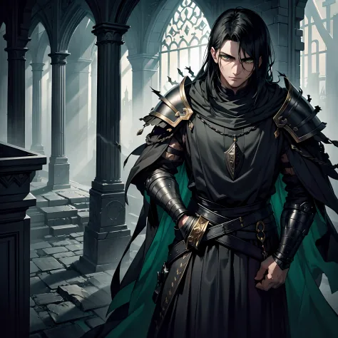 (best quality,ultra-detailed),young man with medium black hair,vibrant green eyes,medieval background,dark and mysterious atmosp...