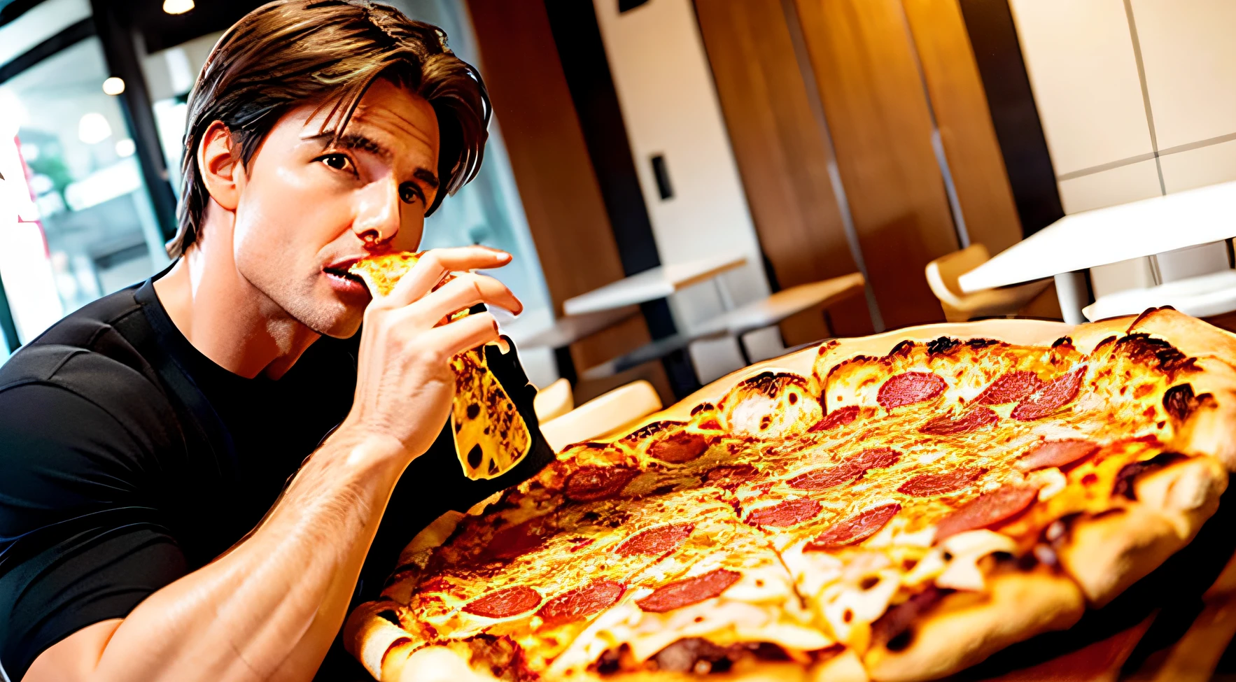 Arafed man eating a slice of pizza in a restaurant - SeaArt AI