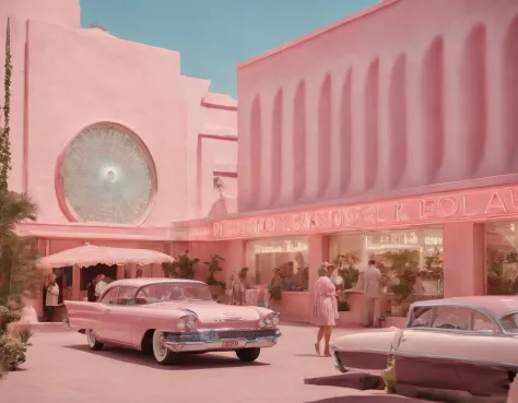 8k video clip of a 1960s science fiction film by Wes Anderson, Vogue anos 1960, pink pastel colors, old futuristuc city  neon signs.  and old ornaments with mechanical pets in town, Luz Natural, Psicodelia, futurista estranho, fotorrealista, hiper detalhad...