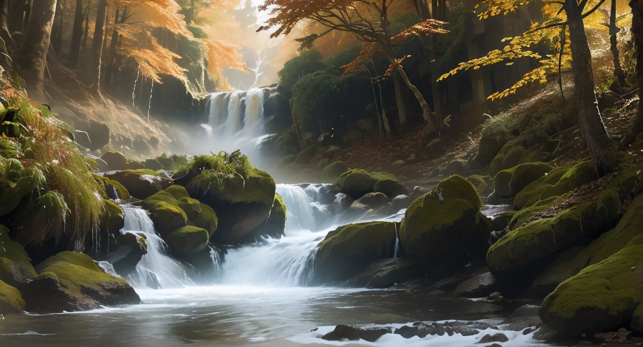 a hyper realistic fall broadleaf maple forest ((crisp highly detailed leaves)) with a rushing stream snaking through the center ((fish jumping out of the water)), a waterfall in the midground ((hiker on the top of the waterfall))