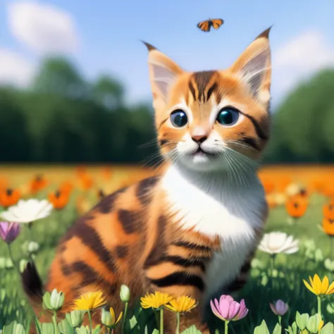 a cute adorable ((cat)) sitting in a field of clover watching a monarch (butterfly), kitten, springtime, by alphonse mucha and artgerm, unreal engine,(Highly Detailed, HD), high octane, 8k, high res, dramatic lighting, sharp focus, depth of field, masterpi...