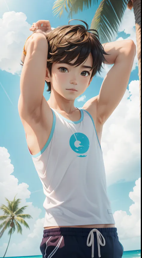 Anime style,Summer sky、Into the cloud、1boy,Little Boy, hansome boy, cute face, adorable boy, beach, coconut tree, Cheerful boy。T...