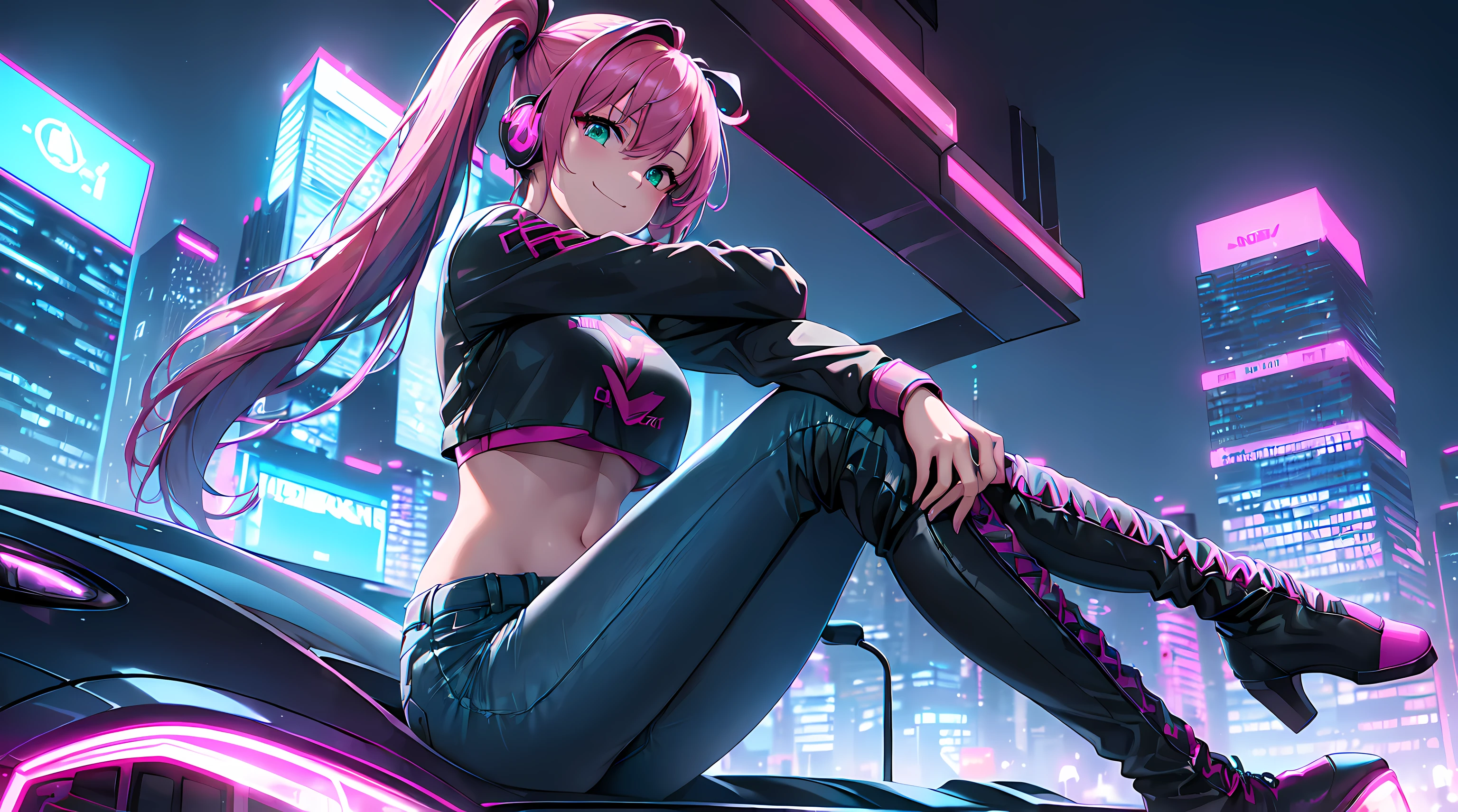 ​masterpiece, 1girl ((20year old, crop top shirt exposes navel, tight blue jeans, knee-high boots, medium breasts, multicolor pink hair, twin ponytails, green eyes, flirting, happy, big smile, looking towards camera, headphones, sitting on top of a sports car in the middle of a modern urban street, neon lights and towering skyscrapers, modern and energetic atmosphere), ((nighttime))