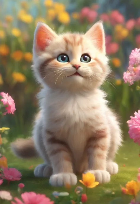 a laughing kitten,sketch,playful,warm lighting,soft textures,(best quality,ultra-detailed,realistic),pencil strokes,vivid colors,whiskers,curious eyes,cute expression,spring flowers,joyful energy,adorable poses,[watercolor effect],bright and lively