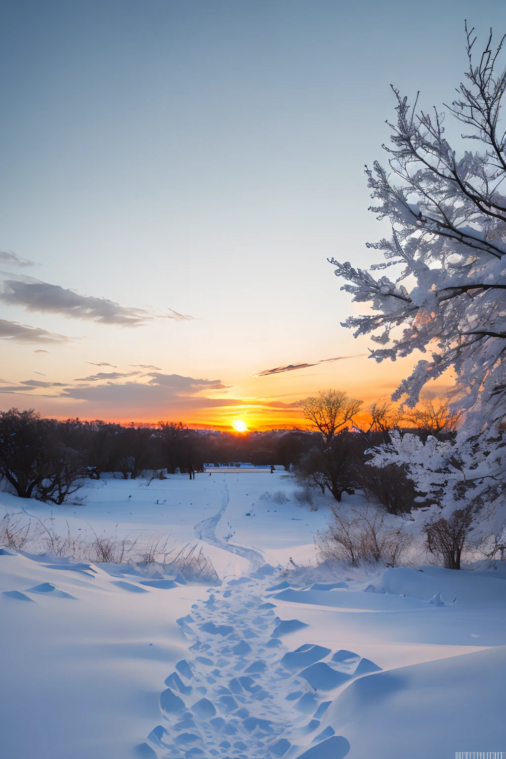 (best quality,4k,8k,highres,masterpiece:1.2),ultra-detailed,(realistic,photorealistic,photo-realistic:1.37),the last sunset before leaving,winter sky at sunset,soft colors,pink orange,blue,mist,rows of trees and buildings,peaceful atmosphere,serene winter landscape,subtle hues,receding sunlight,golden hour,quiet streets,gentle breeze,kiss of warmth,city silhouette,icy branches,elegant architecture,wistful mood,majestic skyline,little snowflakes dancing,final goodbye.