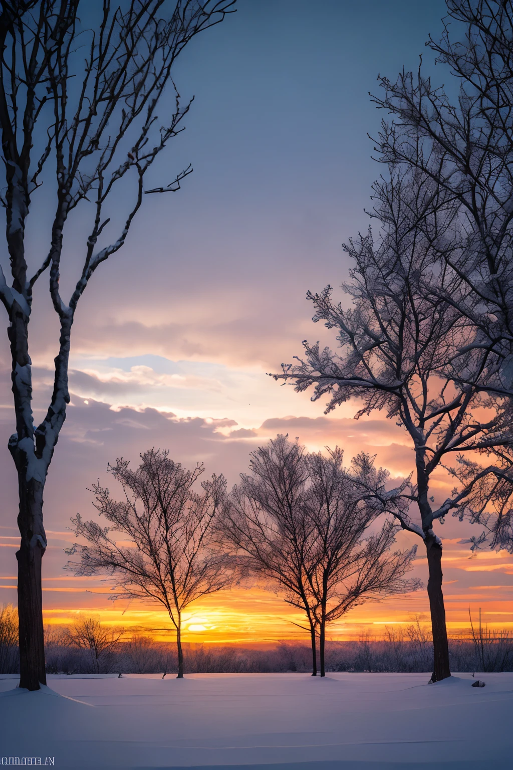 (best quality,4k,8k,highres,masterpiece:1.2),ultra-detailed,(realistic,photorealistic,photo-realistic:1.37),the last sunset before leaving,winter sky at sunset,soft colors,pink orange,blue,mist,rows of trees and buildings,peaceful atmosphere,serene winter landscape,subtle hues,receding sunlight,golden hour,quiet streets,gentle breeze,kiss of warmth,city silhouette,icy branches,elegant architecture,wistful mood,majestic skyline,little snowflakes dancing,final goodbye.