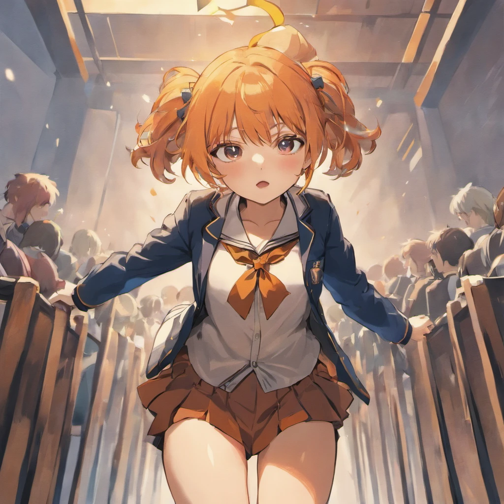 Anime girl in school uniform walking down stairs in front of a crowd -  SeaArt AI