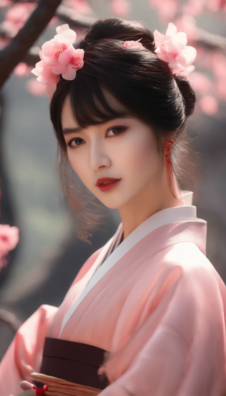 Danfeng Eyes，bushido，The upper part of the body，Black coiled hair，Simple hairpins，Cold eyes，solo person，orthofacial，frontage，Peach blossom background，Highly saturated colors，Hyper Real，8K high-definition，holding a longsword，Absolutely beautiful，high light，plethora of colors