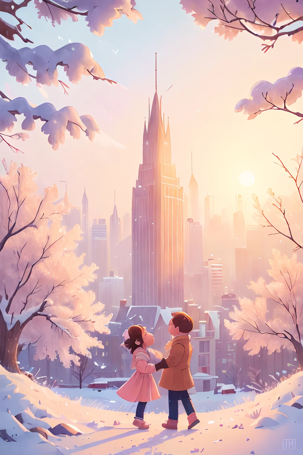 (best quality,4k,8k,highres,masterpiece:1.2),ultra-detailed,(realistic,photorealistic,photo-realistic:1.37),the last sunset before leaving,winter sky at sunset,soft colors,pink orange,blue,mist,rows of trees and buildings,peaceful atmosphere,serene winter landscape,subtle hues,receding sunlight,golden hour,quiet streets,gentle breeze,kiss of warmth,city silhouette,icy branches,elegant architecture,wistful mood,majestic skyline,little snowflakes dancing,final goodbye.