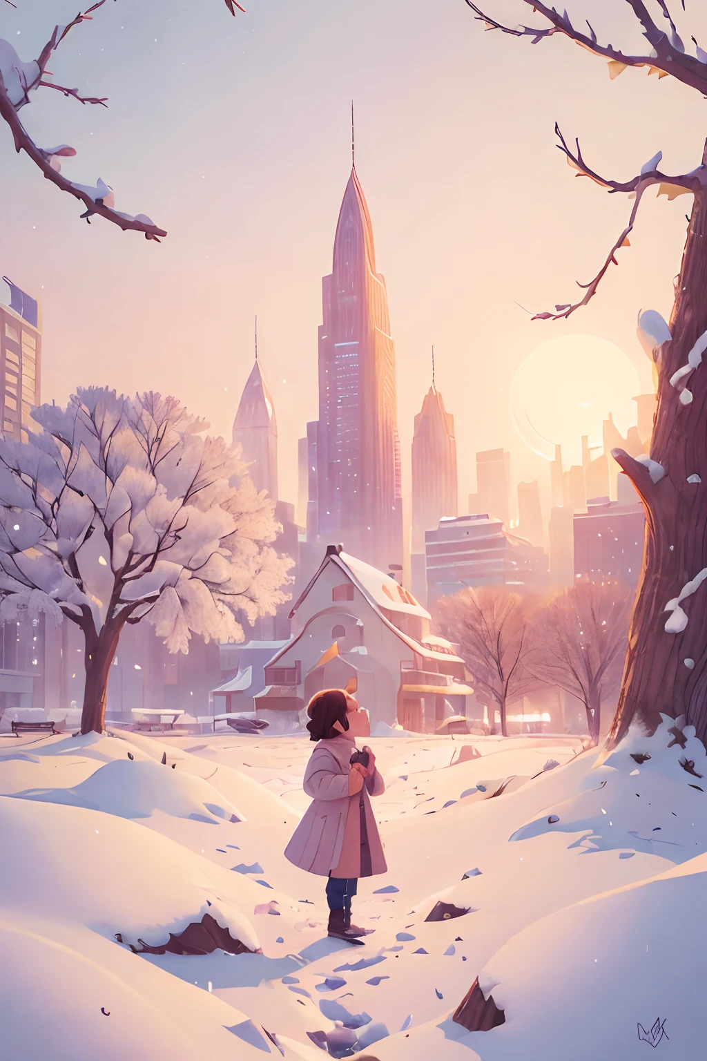 (best quality,4k,8k,highres,masterpiece:1.2),ultra-detailed,(realistic,photorealistic,photo-realistic:1.37),the last sunset before leaving,winter sky at sunset,soft colors,pink orange,blue,mist,rows of trees and buildings,peaceful atmosphere,serene winter landscape,subtle hues,receding sunlight,golden hour,quiet streets,gentle breeze,kiss of warmth,city silhouette,icy branches,elegant architecture,wistful mood,majestic skyline,little snowflakes dancing,final goodbye.