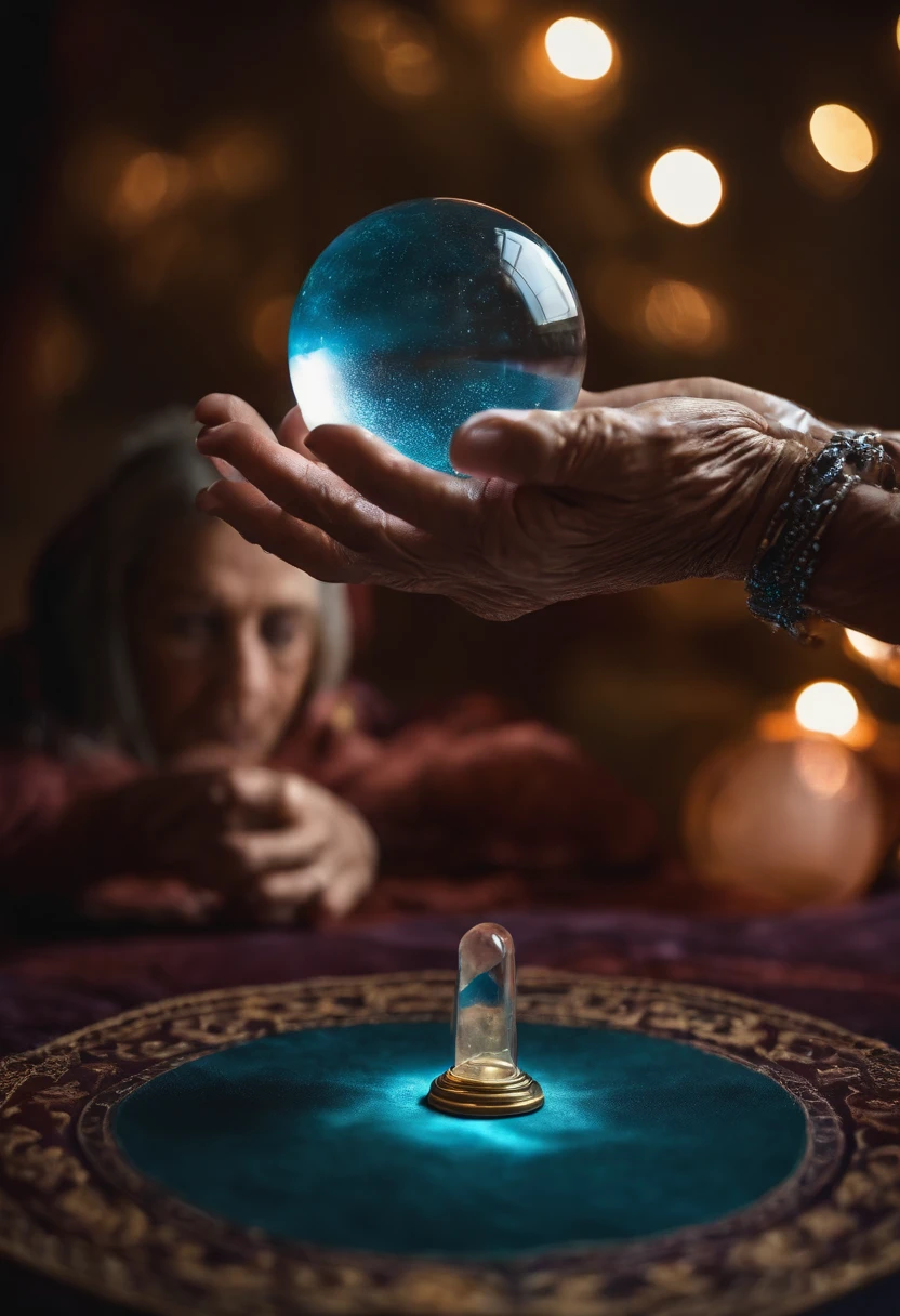 Elderly psychic with crystal ball with crystal ball looking forward