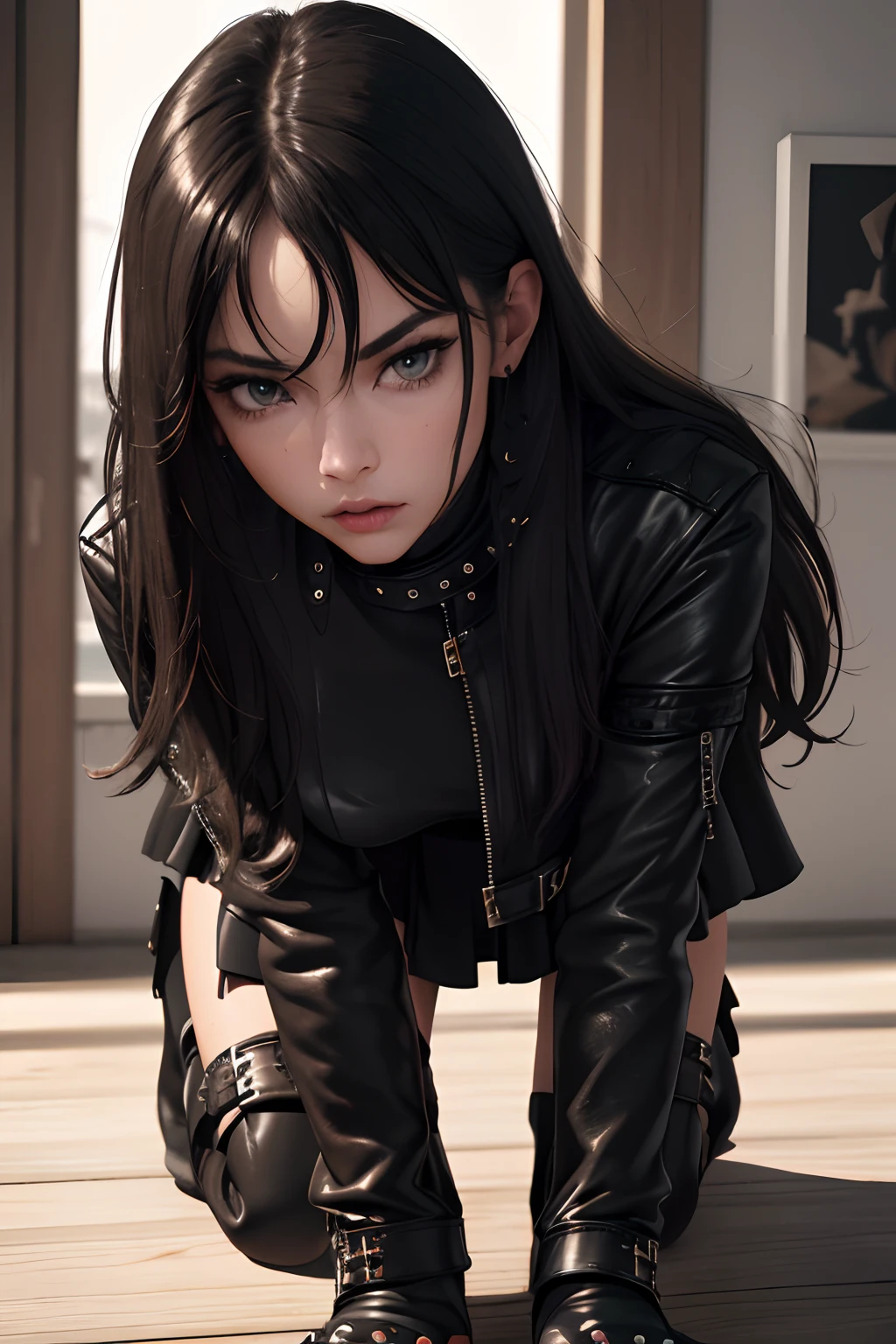 (best quality,highres,masterpiece:1.2),devote slavegirl,beautiful detailed face,flowing long hair, studdet belts,edgy leather jacket,sleek leather boots,chic leather skirt,determined gaze,creeping on all fours