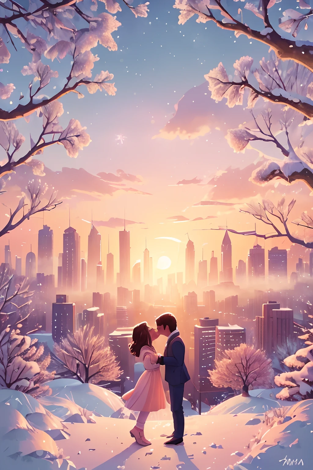 (best quality,4k,8k,highres,masterpiece:1.2),ultra-detailed,(realistic,photorealistic,photo-realistic:1.37),the last sunset before leaving,winter sky at sunset,soft colors,pink orange,blue,mist,rows of trees and buildings,peaceful atmosphere,serene winter landscape,subtle hues,receding sunlight,golden hour,quiet streets,gentle breeze,kiss of warmth,city silhouette,icy branches,elegant architecture,wistful mood,majestic skyline,little snowflakes dancing,final goodbye.