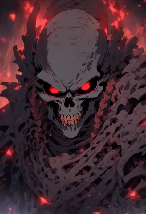 Gargoyle, undead and skeleton-like, dark grey, red glowing eyes, red glowing skull eyes on skull armor, best quality, masterpiece