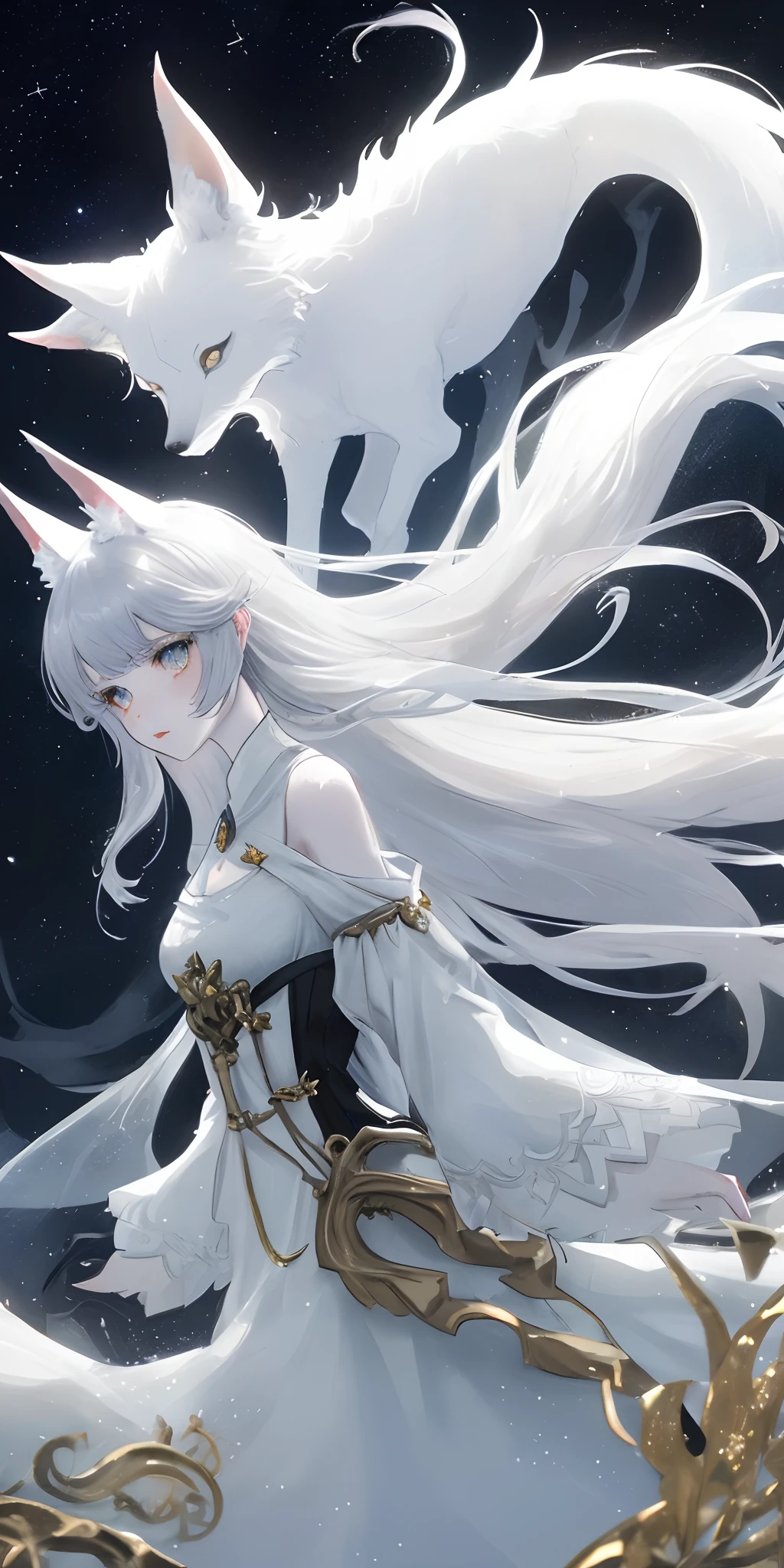 Anime girl with white hair and white dress flying in the air - SeaArt AI