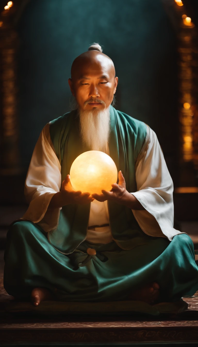 Close-up of a 30-year-old middle-aged Asian man，Holding a glowing ball in your hand,Longas, whitish hair，barba Longasa，Cross-legged sitting meditation ignites the aura of magic around you，taoist master,taoist