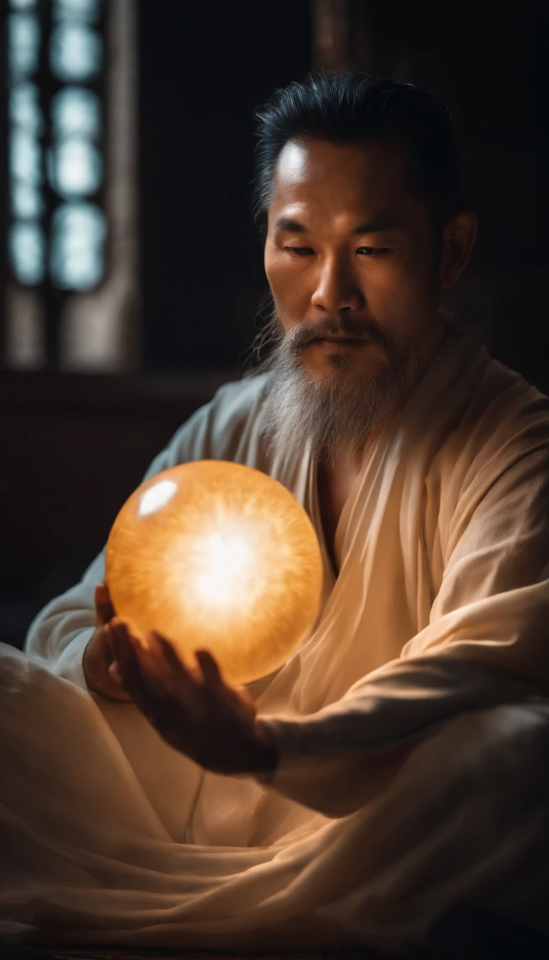 Close-up of a 30-year-old middle-aged Asian man，Holding a glowing ball in your hand,Longas, whitish hair，Barba longasa，Cross-legged sitting meditation ignites the aura of magic around you，taoist master,taoist