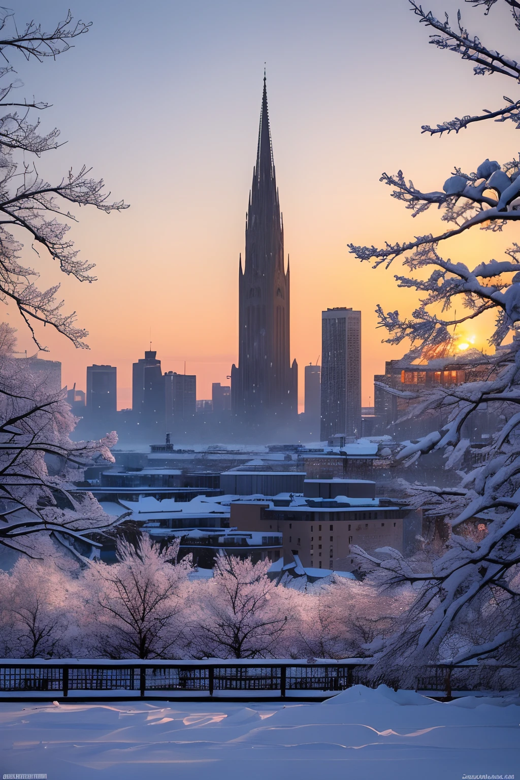 (best quality,4k,8k,highres,masterpiece:1.2),ultra-detailed,(realistic,photorealistic,photo-realistic:1.37),the last sunset before leaving,winter sky at sunset,soft colors,pink orange,blue,mist,rows of trees and buildings,peaceful atmosphere,serene winter landscape,subtle hues,receding sunlight,golden hour,quiet streets,gentle breeze,kiss of warmth,city silhouette,icy branches,elegant architecture,wistful mood,majestic skyline,little snowflakes dancing.