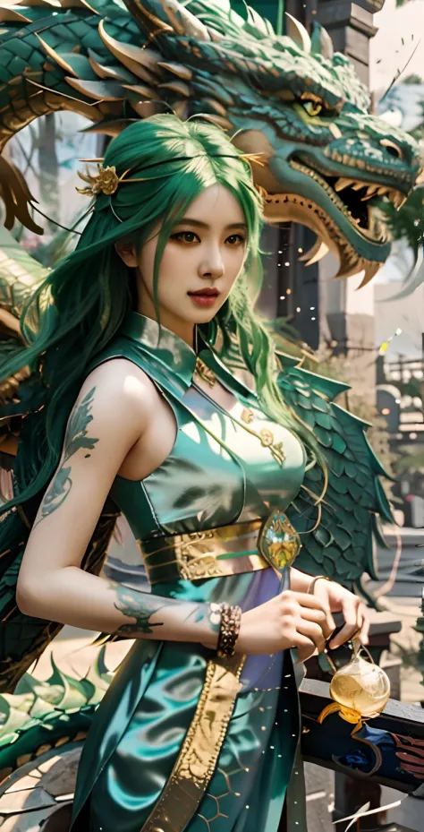 a close up of a woman with green hair and a dragon, fantasy art style, ruan jia and artgerm, trending on cgstation, trending dig...