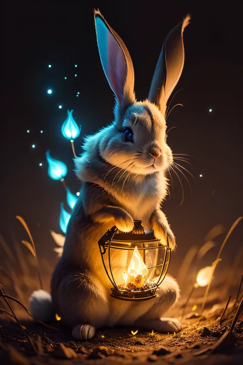 a light-painted rabbit with fireflies