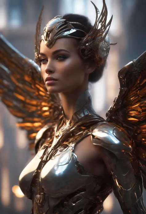 "Generate the female cyborg with the most beautiful and refined features and glowing angelic wings as envisioned by AI."