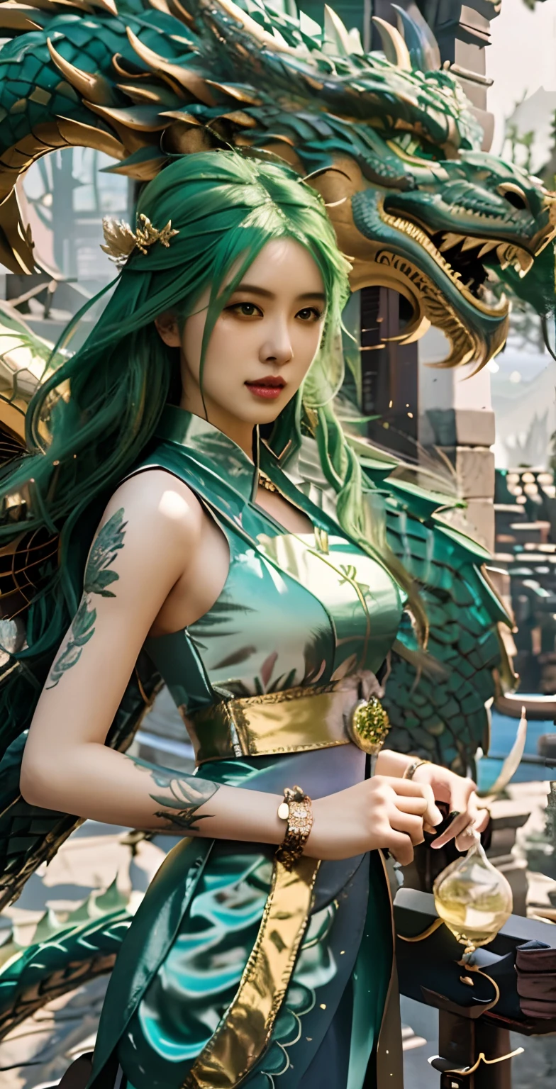 eine Nahaufnahme einer Frau mit grünen Haaren und einem Drachen, Fantasy-Kunststil, ruan jia and artgerm, Trends auf cgstation, trending digitale Fantasy-Kunst, eine wunderschöne Fantasiekaiserin, Chinesische Fantasie, inspiriert von Wu Bin, Xianxia-Fantasie, digitale Fantasy-Kunst ), Anime-Fantasie-Illustration, Artgerm and Ruan Jia, epic Fantasy-Kunststil