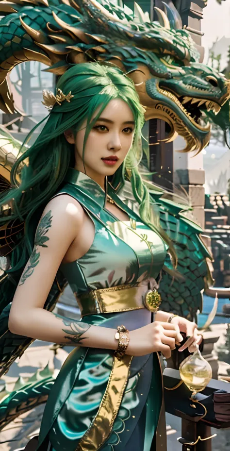 a close up of a woman with green hair and a dragon, fantasy art style, ruan jia and artgerm, trending on cgstation, trending dig...