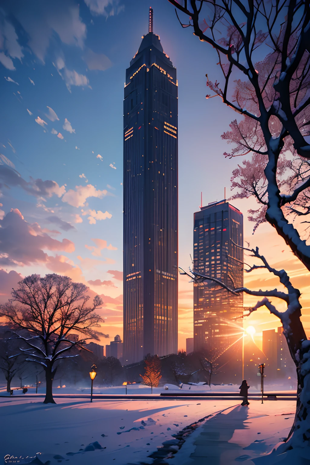 (best quality,4k,8k,highres,masterpiece:1.2),ultra-detailed,(realistic,photorealistic,photo-realistic:1.37),the last sunset before leaving,winter sky at sunset,soft colors,pink orange,blue,mist,rows of trees and buildings,peaceful atmosphere,serene landscape,subtle hues,receding sunlight,golden hour,quiet streets,gentle breeze,kiss of warmth,city silhouette,icy branches,elegant architecture,wistful mood,majestic skyline.