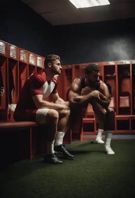 Two men sitting in a locker with their arms crossed - SeaArt AI