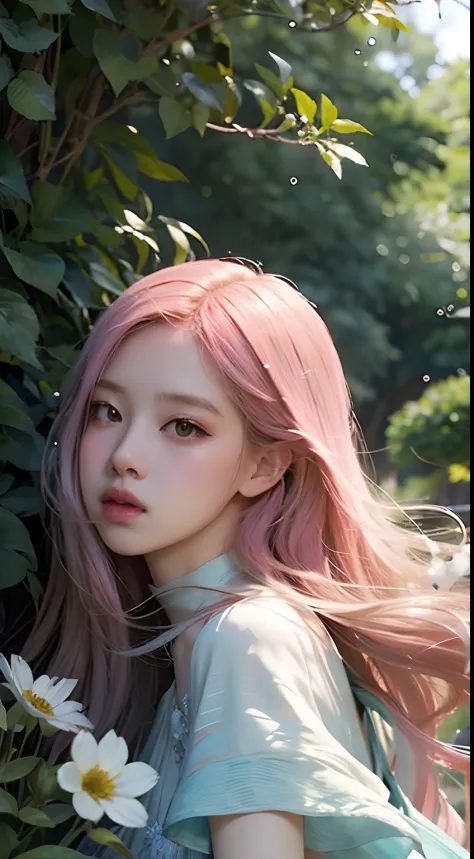 Rosé from blackpink, girl,hair blowing in the wind,flowing dress,beautiful detailed eyes, dreamy expression,soft sunlight,artistic portrait,photorealistic,bokeh,vivid colors,creative lighting,romantic atmosphere,floral elements,ethereal beauty,waist-length...