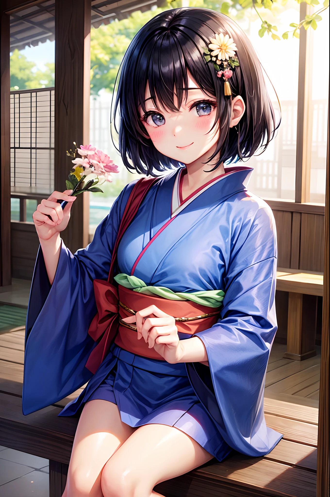 Best Quality、、Very cute、A smile、short-hair、Black hair、Schools、I want to blush、Staring at this、Wink、twinkling、Kimono、