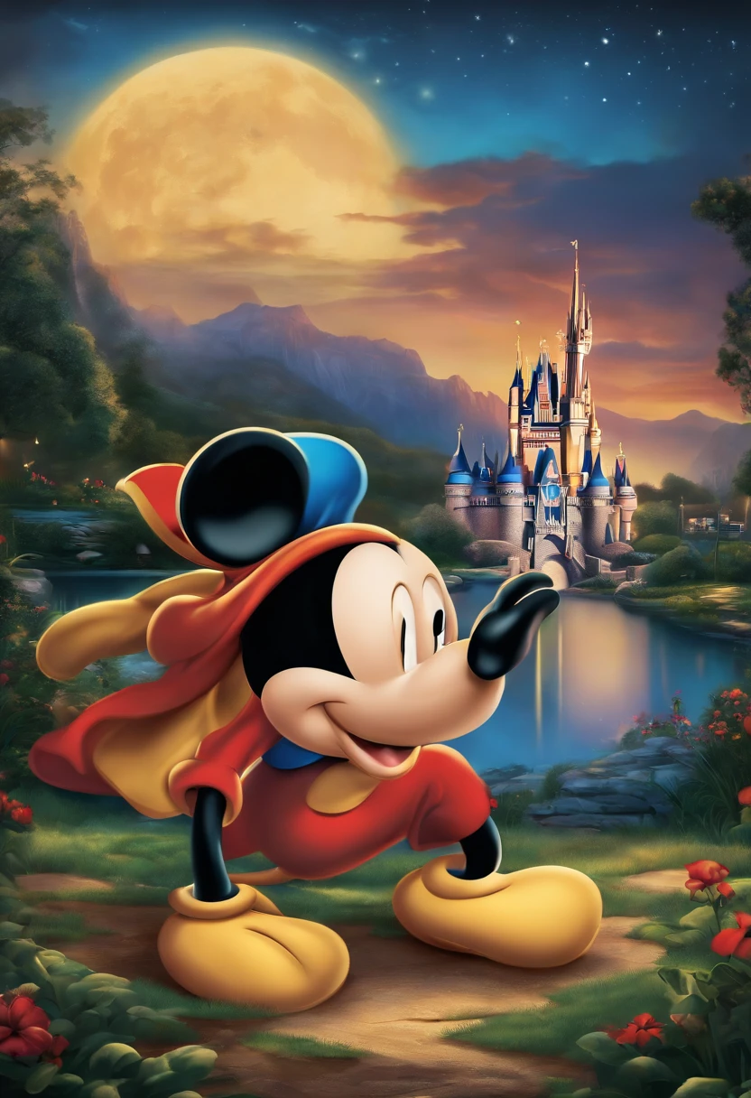 Mickey Mouse In Front Of A Castle With A Full Moon - Seaart Ai