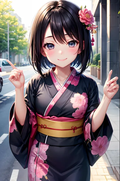 Best Quality、、Very cute、A smile、short-hair、Black hair、Schools、I want to blush、Staring at this、Wink、twinkling、Kimono、
