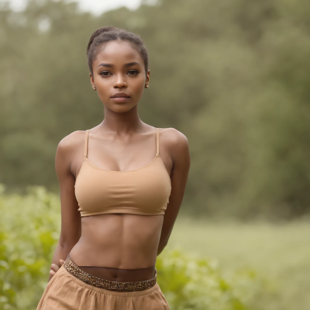 best quality, high detail, (detailed face), detailed eyes,((best quality, masterpiece)), ((2 caramel skinned African girl)), bra, (arms at side:1.2), groin,big hip bones, ponytail, black hair, (((underboob))), standing, outdoors, facing side ways