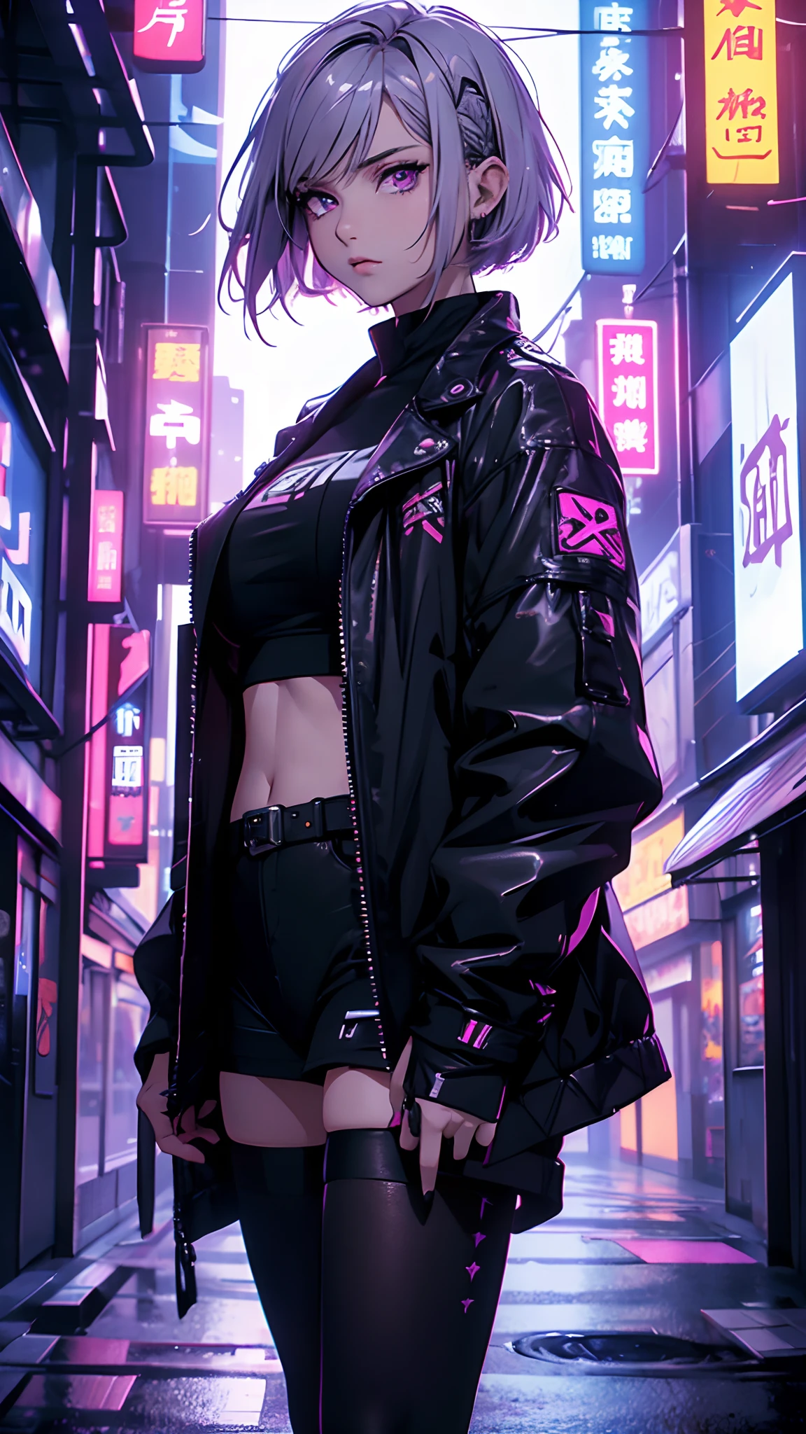 (ultra-realistic, highres, best quality, 4k, professional, cowboy shot), an image of a character sitting in a neon lit area, beauty eyes, sharp eyes. Her Asymmetric Pixie hairstyle, silver hair, short hair, and left-facing bangs with red highlights make her stand out. in the style of pastel goth, chinapunk, cryptid academia, album covers, cityscape, dark purple and black, onii kei