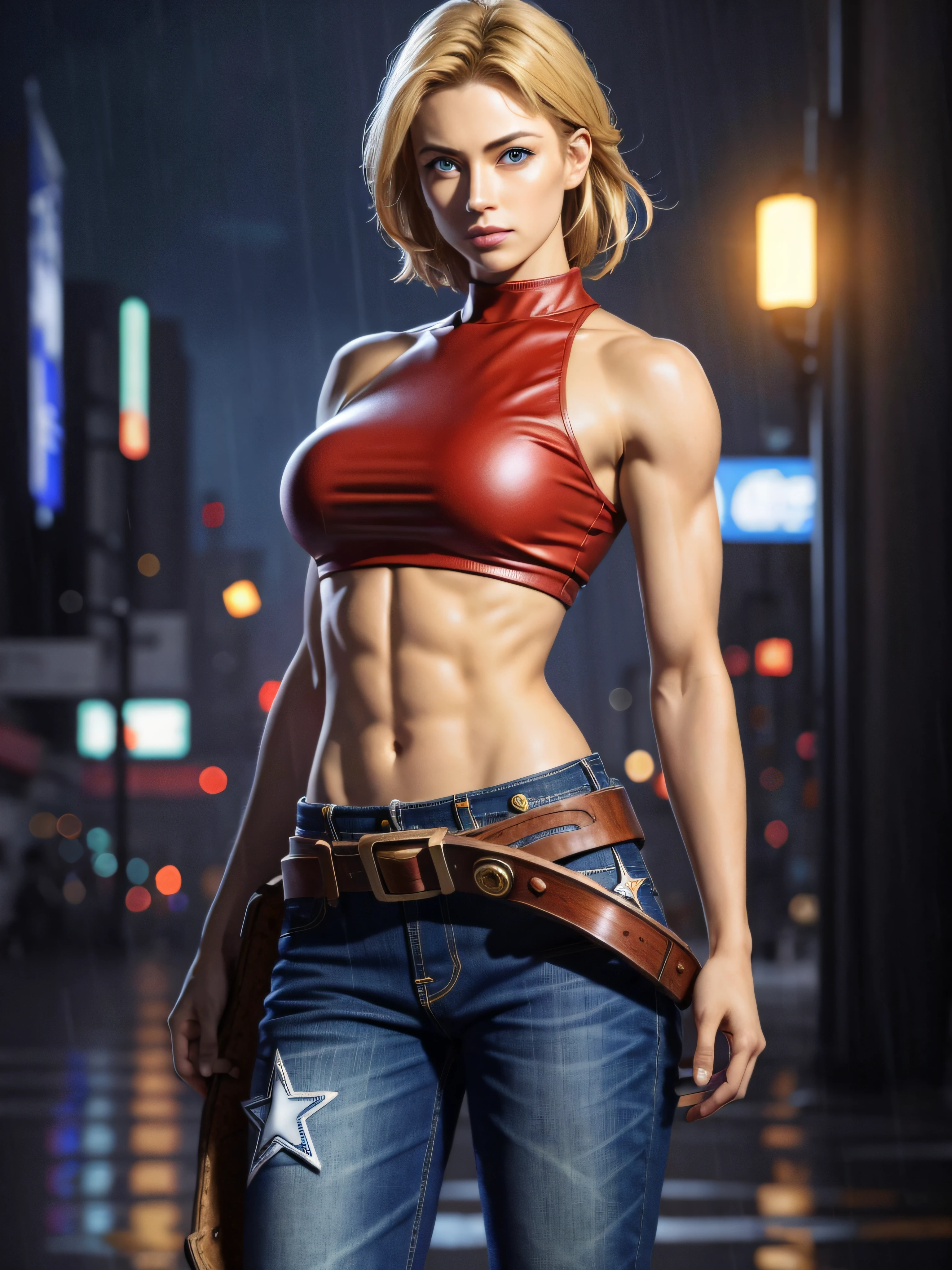 (((1girl))), (((solo))), maryms, Best Quality,(beauty), 1girl,phisically-based render ,ultra highres,(cowboy shot:1.5), narrow waist, fitness body, LeonaMS ,muscular, big blue eyes, long legs, jeans, leather belt, red tanktop, medium breasts, puffy eyes,  leather belt, (rainy city), shiny skin, facing viewer, Victory posture,