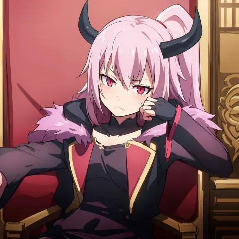 hiquality, tmasterpiece (one girls) Demon. red-eyes. Dark horns. Armor dress. frowning face. The Red Throne. leaning. A fist in the cheek.