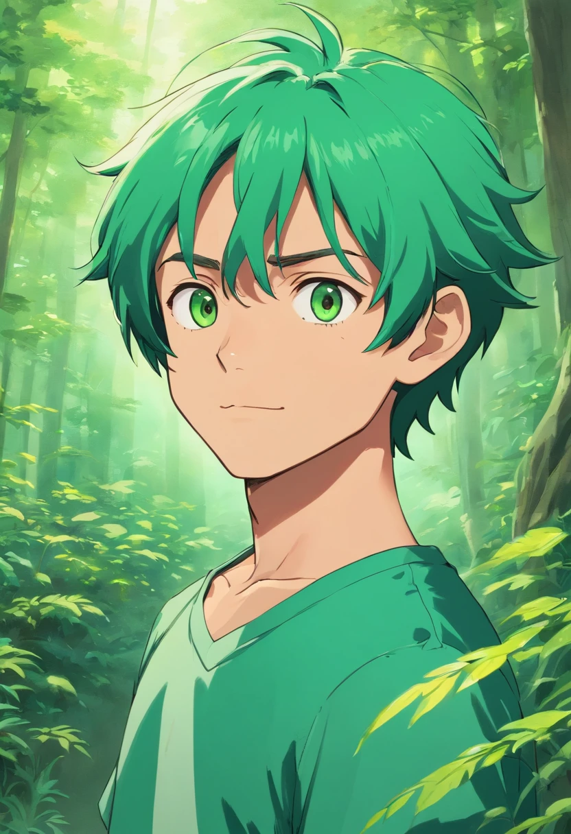 A young man with green hair and green eyes stands in the woods - SeaArt AI