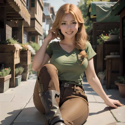 1 girl, alex minecraft, green shirt, brown pants, gray boots, full body, sitting, adult, huge breasts, outside, smiling