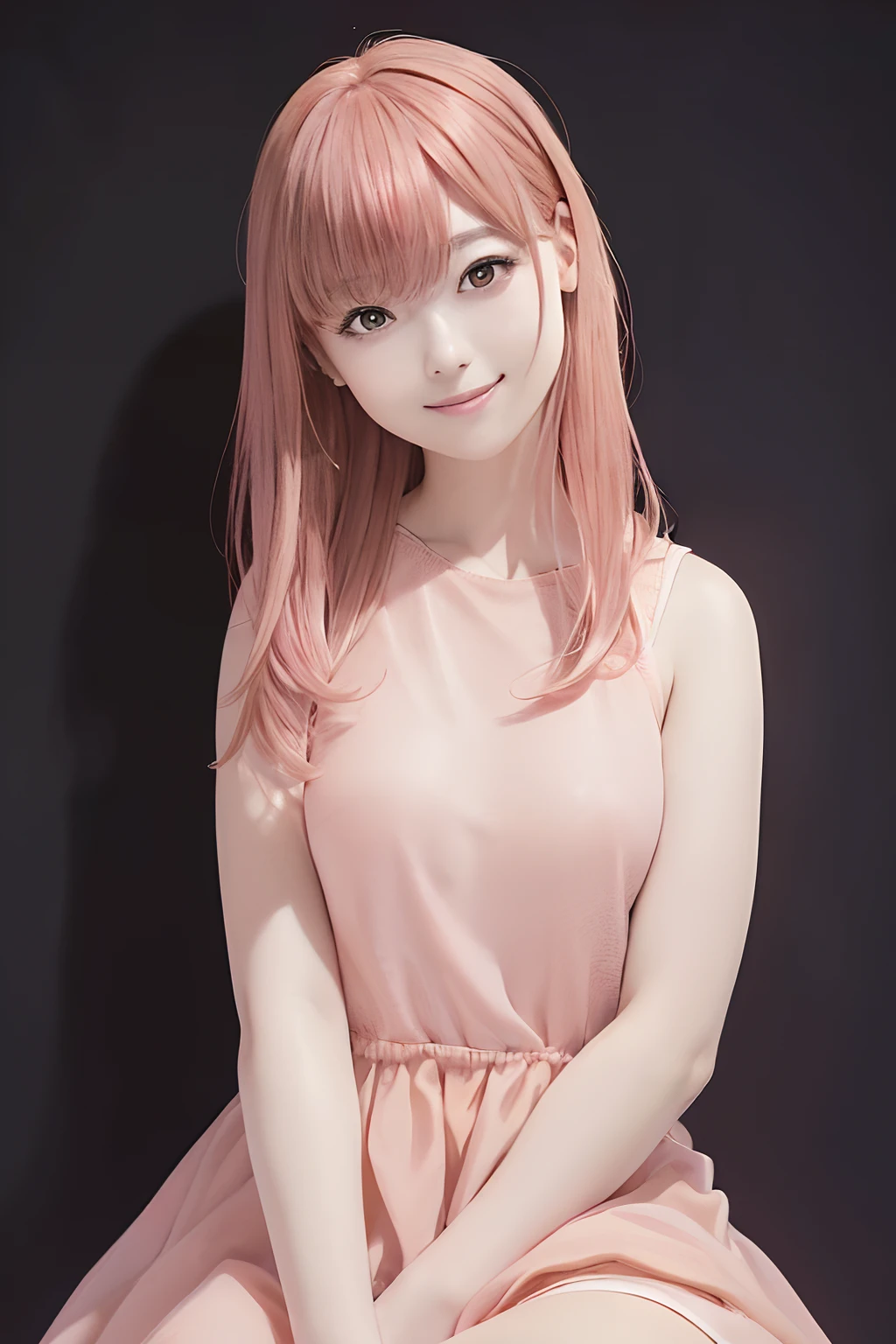 FULL BODYSHOT、(((black backgrounds)))、front facing、an oil painting、​masterpiece、top-quality、front facing、hight resolution、(((Peach-colored hair)))、A smile、(((pink clothing)))、bobhair、(((Peach-colored dress)))、femele１a person、