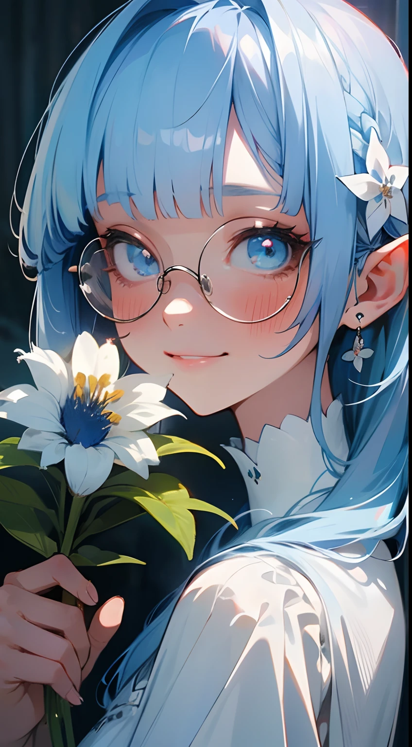 (masterpiece), best quality, a close up in a shy elf with a  holding a blue flower, holding, garden, flower,  she is wearing a white dress, cute girl, ((she is smiling, blushing, smile, holding flower)), cute eyes, (1girl, solo,alone), photorealistic, perfect shading, , detailed, realistic hair, (perfect face, expressive eyes), cool colors,delicious coffee, aromatic,, (innocent,feimine, gentle, soft), blue flower 

BREAK her hair is light blue, blunt bangs, long hair expressive eyes, perfect face, circle-glasses, light_blue_hair 

BREAK ( white dress:1.3), (light_blue_hair:1.3),(blunt bangs:1.3),

BREAK vivid colors, perfect lighting, professional image, 4k, cuteness, soft, good emotions,