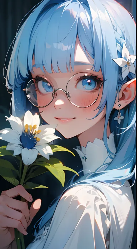 (masterpiece), best quality, a close up in a shy elf with a  holding a blue flower, holding, garden, flower,  she is wearing a w...