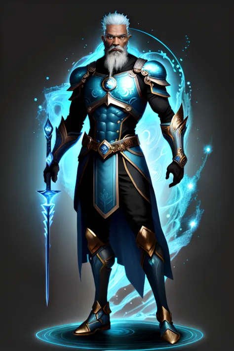 (Full Body) "Aquarius: The Water Bearer, Zodiac Sign", zodiac sign logo ,A slender, muscular warrior, older black man with blue hair, blue beard, and sparkling green eyes. They have a curious, intelligent expression on their face and a sense of mystery abo...