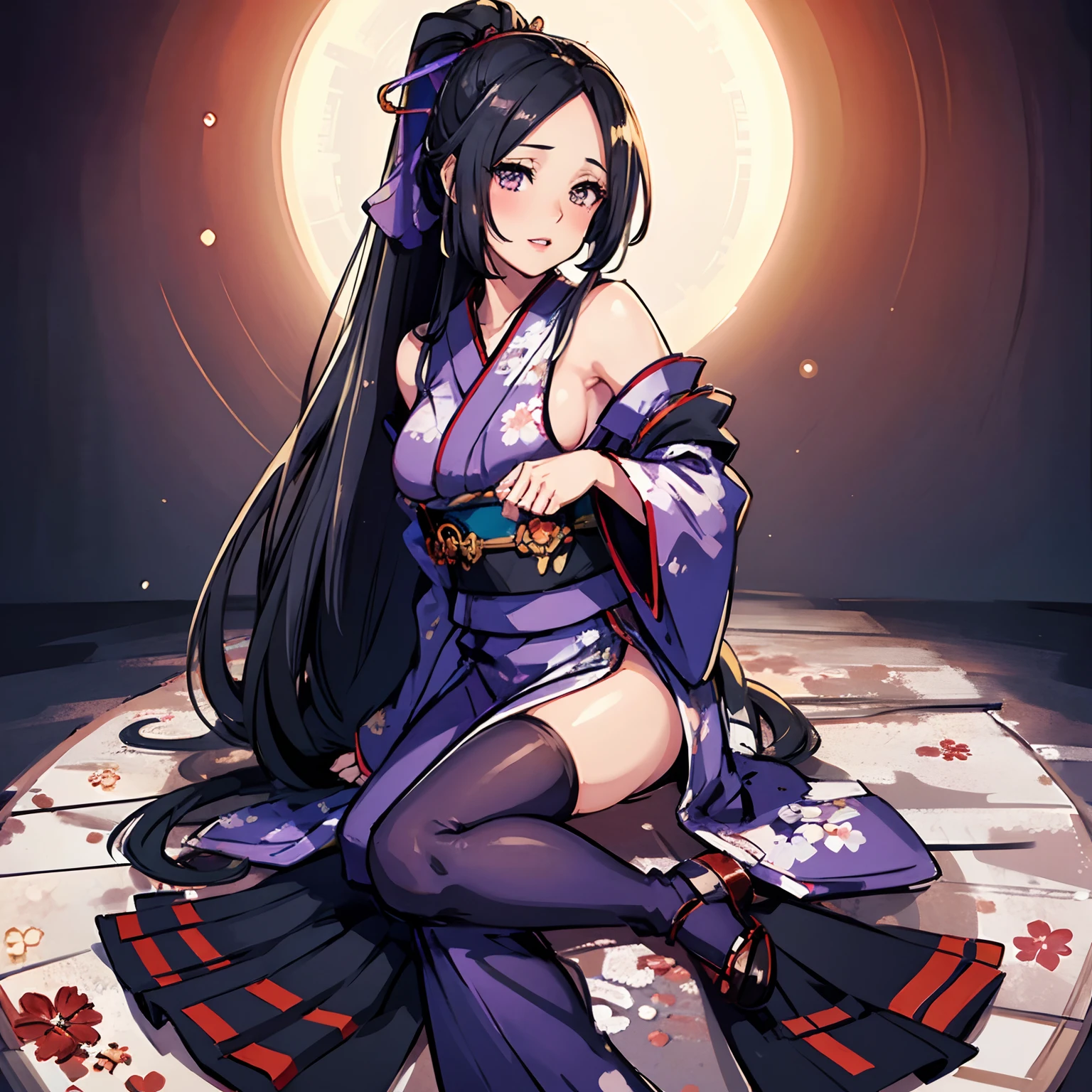 (best quality,ultra-detailed),(realistic:1.37),portraits,beautiful detailed eyes,beautiful detailed lips,extremely detailed eyes and face,longeyelashes,long black hair tied in high ponytail,massive forehead,large reddish violet,see-through clothes,vivid colors,studio lighting,high ponytail,parted bangs,red and white kimono, loose kimono that falls down to her shoulders and reveals her shoulders