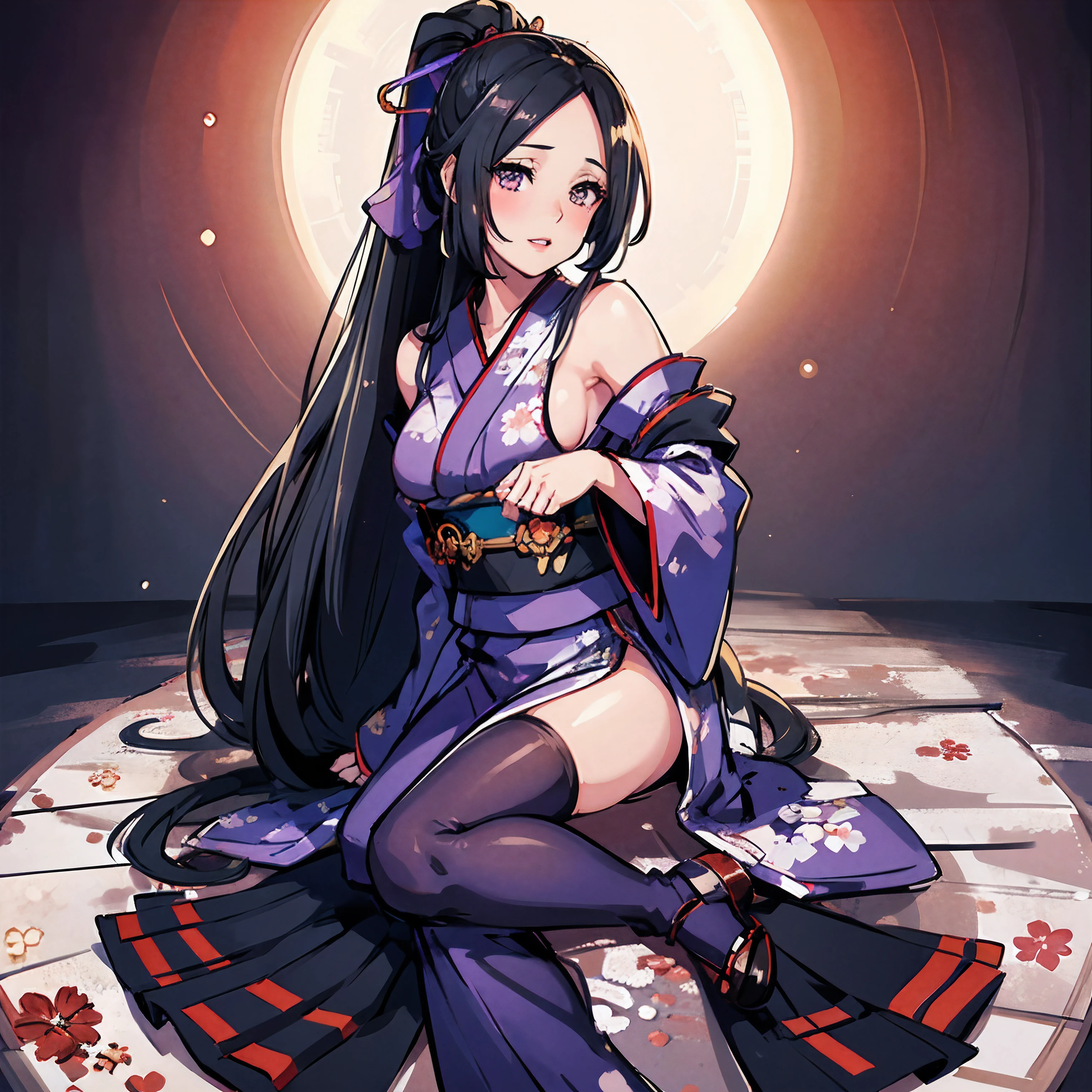 (best quality,ultra-detailed),(realistic:1.37),portraits,beautiful detailed eyes,beautiful detailed lips,extremely detailed eyes and face,longeyelashes,long black hair tied in high ponytail,massive forehead,large reddish violet,see-through clothes,vivid colors,studio lighting,high ponytail,parted bangs,red and white kimono, loose kimono that falls down to her shoulders and reveals her shoulders