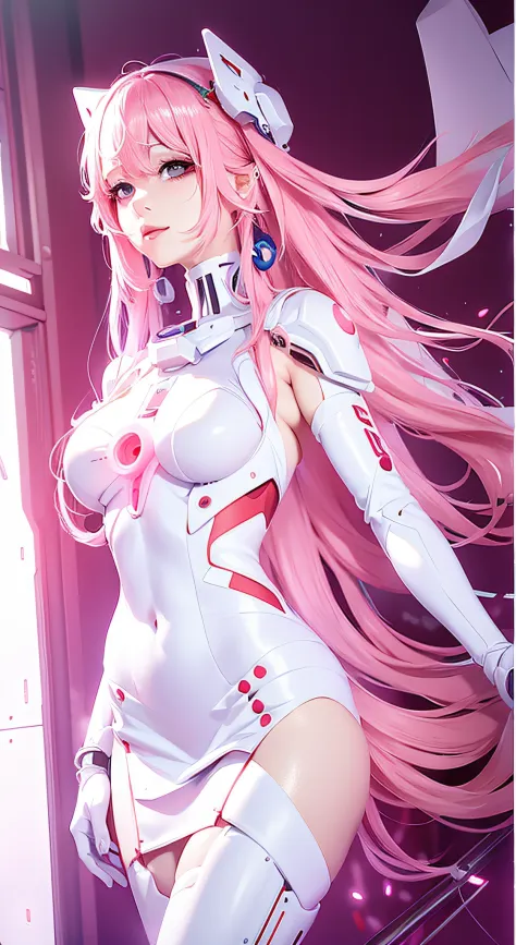 arafed woman in a white outfit with pink hair and a white mask, biomechanical oppai, zero two, gynoid cyborg body, perfect andro...