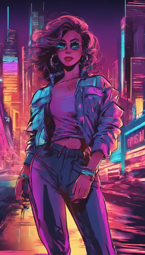 A woman with mid-length wavy brown hair, vibrant eyes, and beautiful detailed lips stands in the foreground. Her hair has a natural flow and movement, adding to her overall beauty. The city skyline is set in the background, creating a dynamic contrast between the urban environment and the woman's peaceful presence.

The woman is dressed in stylish 80's fashion, with a retro-inspired outfit that includes a colorful off-shoulder top and high-waisted jeans. Her fashion choices reflect the vibrant and nostalgic atmosphere of the 80s synthwave vibe.

The cityscape behind her showcases neon lights illuminating the streets and buildings, giving off a futuristic and vibrant feel. The tall buildings are adorned with digital billboards displaying captivating images and glimmering lights.

To enhance the overall quality of the image, the prompt should include tags such as "(best quality, 4k, 8k, highres, masterpiece:1.2)", "ultra-detailed", and "realistic" or "photorealistic:1.37". These tags ensure that the final output is of the highest resolution and showcases every intricate detail.

In terms of art style, incorporating elements of synthwave, retrowave, or vaporwave would complement the 80's theme. The colors should be vivid and vibrant, with a heavy emphasis on neon hues and contrasts. Adding tags like "vibrant colors" and "retrowave aesthetics" would capture the essence of the 80s synthwave vibe.

Lastly, to complete the image, the lighting should be carefully considered. Illumination from the city lights creates an atmospheric glow, casting a warm and enchanting ambiance on the woman and her surroundings. Adding tags like "city lights", "nighttime illumination", and "glowing atmosphere" would describe the desired lighting effects.

Remember to keep the prompt concise and within the specified limits, while still capturing the key elements and details that bring the image to life.